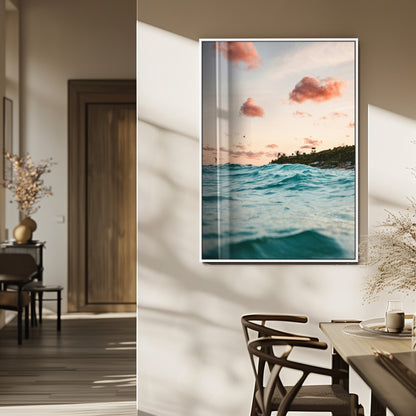 13960366-MGV-FP-48X32-3P_White-Tropical Seascape Wall Art Canvas Print, Framed Sunset Ocean Art Picture Print, Coastal Aesthetic Perfect Coastal Bohemian Decor