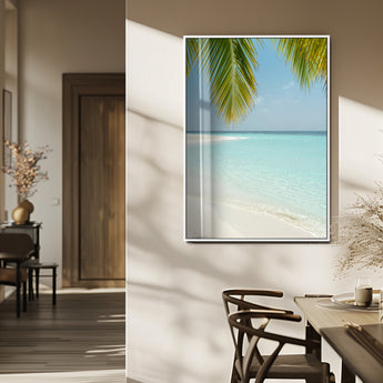 90359351-MGV-FP-48X32-3P_White-Azure Water Wall Art Canvas Print, Framed Tranquil Island Escape Art Picture Print, Clear Blue Ocean Perfect Coastal Minimalist