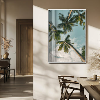 80452931-MGV-FP-48X32-3P_White-Tropical Palm Trees Wall Art Canvas Print, Framed Coastal Nature Art Picture Print, Relaxing Summer Vibes Perfect Boho Coastal