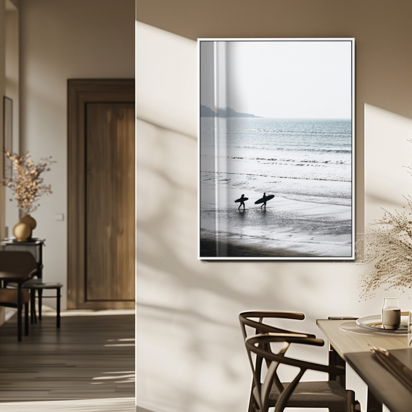 58090796-MGV-FP-48X32-3P_White-Surfer Silhouettes Wall Art Canvas Print, Framed Minimalist Ocean Art Picture Print, Soft Horizon Perfect Minimalist Coastal Decor