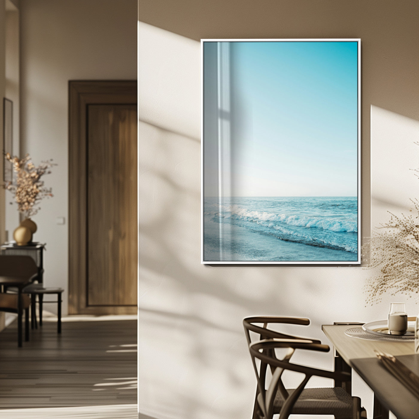 20189712-MGV-FP-48X32-3P_White-Minimalist Ocean Wall Art Canvas Print, Framed Calm Seascape Art Picture Print, Soft Blue Tones Perfect Coastal Minimalist Decor