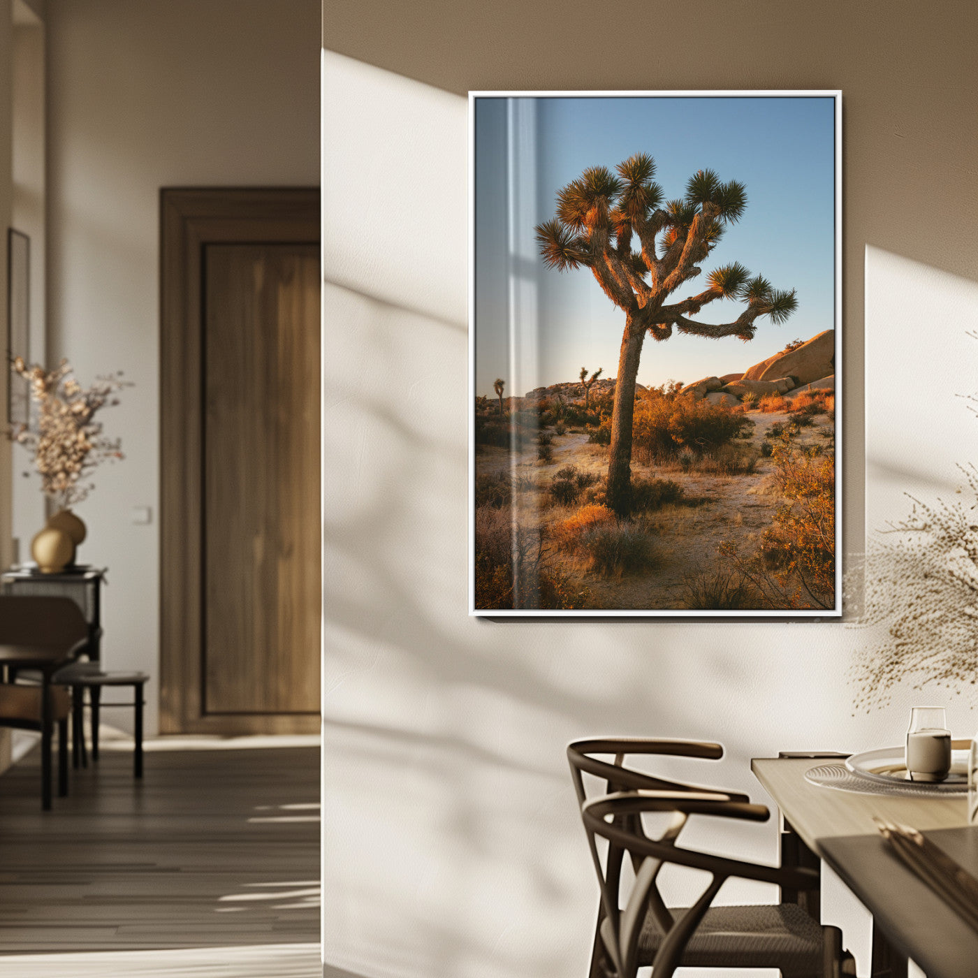 96503558-MGV-FP-48X32-3P_White-Joshua Tree Wall Art Canvas Print, Framed Desert Sunset Art Picture Print, Golden Hour Light Perfect Southwestern Boho Decor