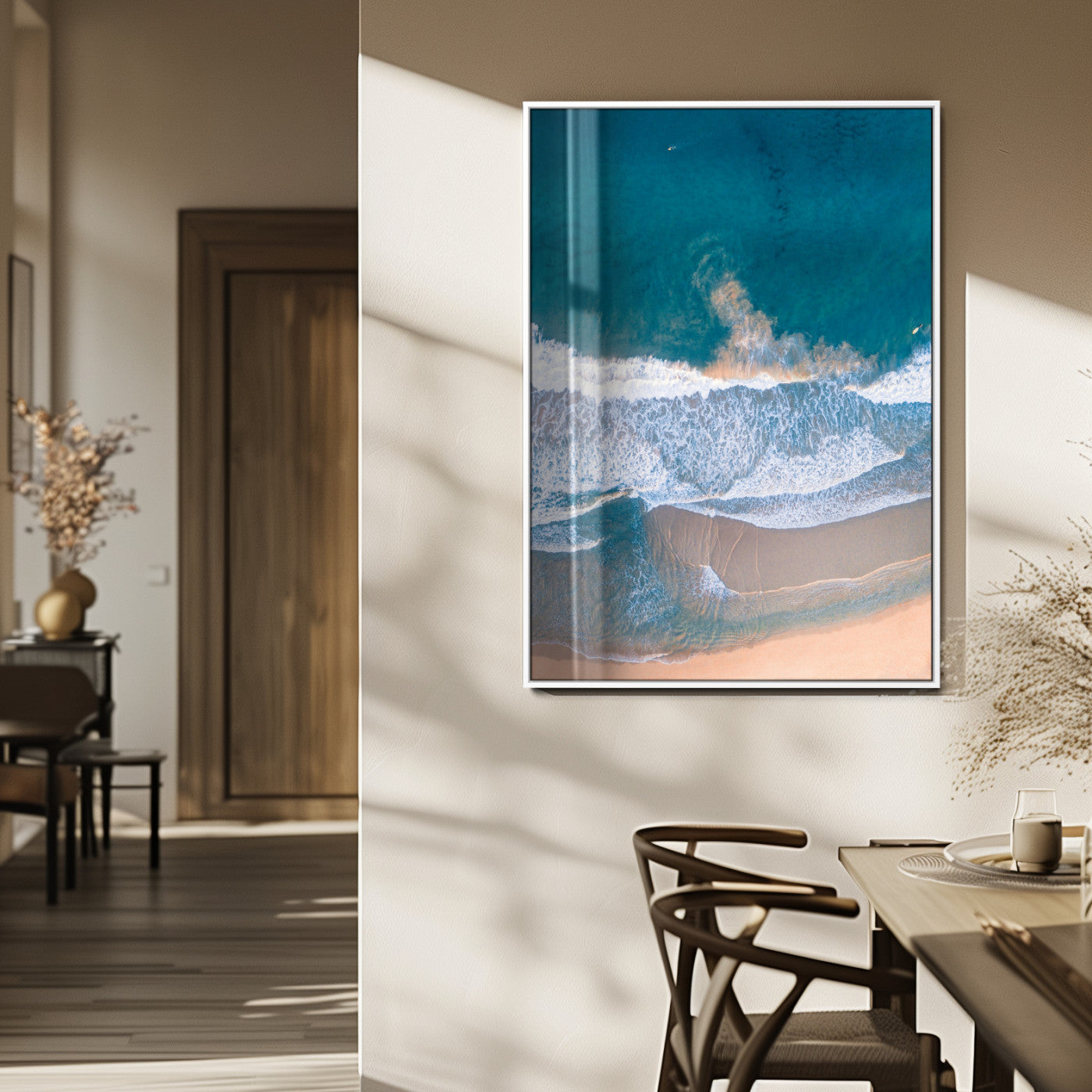 97740681-MGV-FP-48X32-3P_White-Aerial Beach View Wall Art Canvas Print, Framed Ocean Waves Art Picture Print, Coastal Serenity Perfect Coastal Minimalist Decor