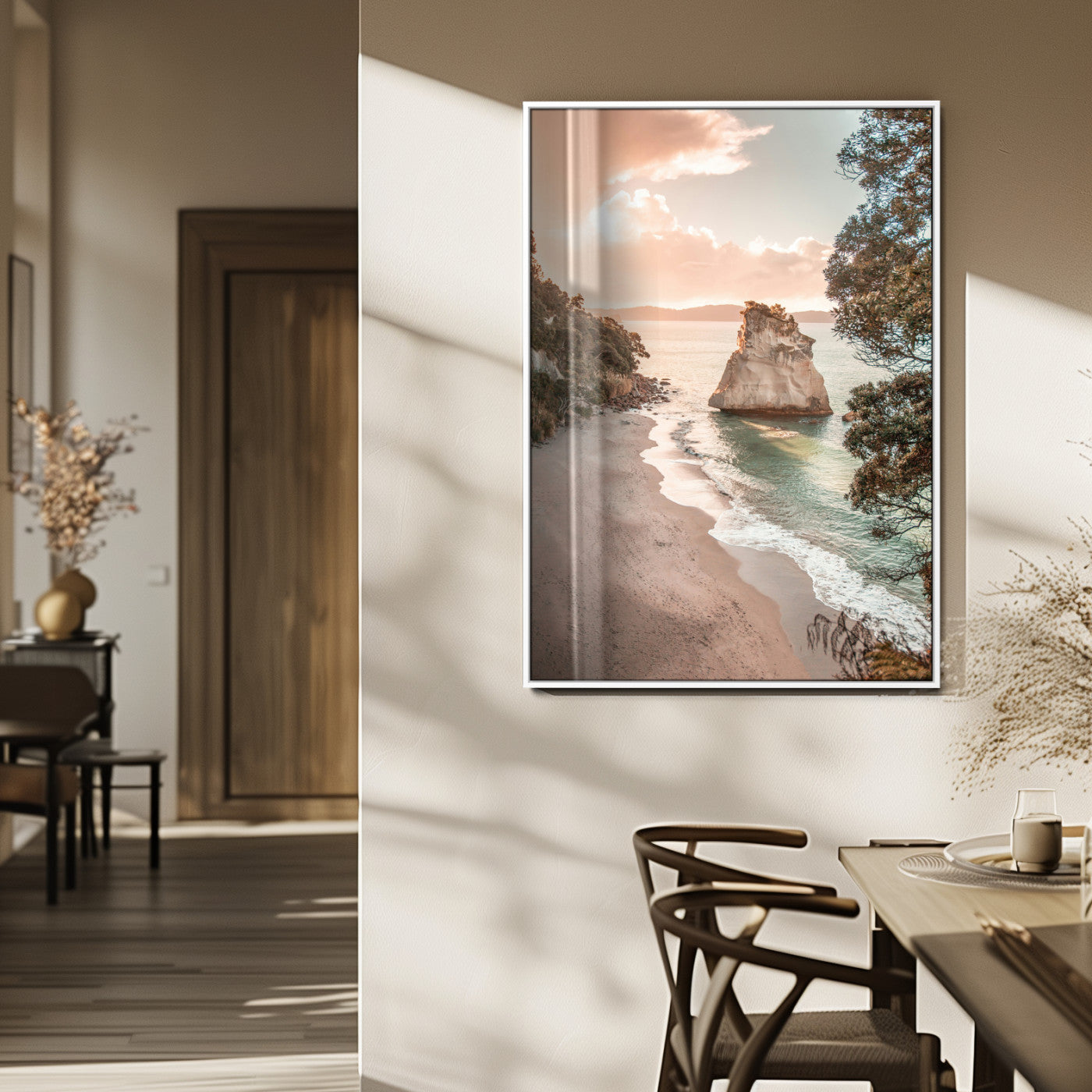 34220311-MGV-FP-48X32-3P_White-Coastal Rock Wall Art – Sunset Beach Canvas Print with Ocean Waves and Golden Light, Scenic Seaside Photography for Bedroom,