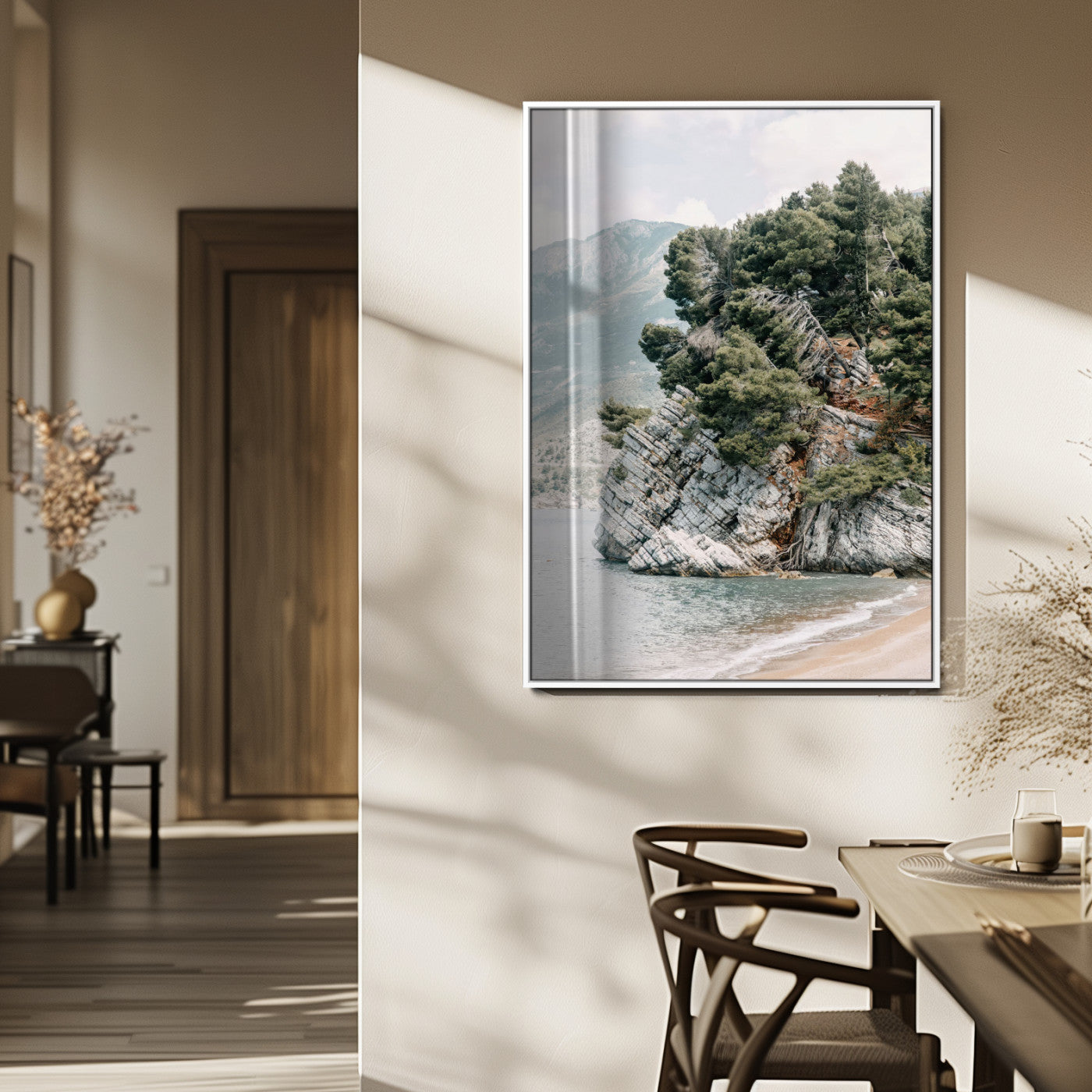 82638964-MGV-FP-48X32-3P_White-Coastal Wall Art – Rocky Cliff and Pine Trees Canvas Print, Scenic Mountain and Shoreline Photography Decor for Bedroom, Living