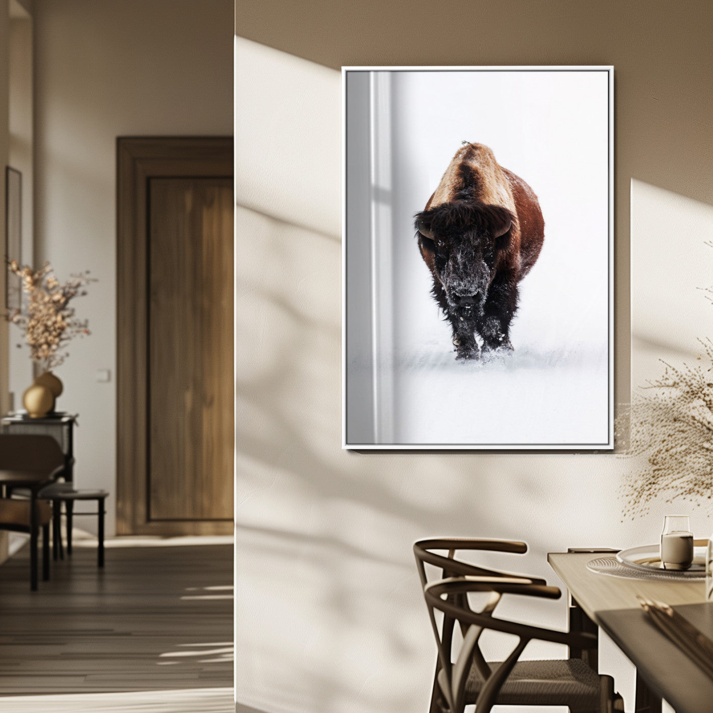 77072968-MGV-FP-48X32-3P_White-Wildlife Wall Art – Bison in Snow Canvas Print, Rustic Western Nature Photography Decor for Bedroom, Living Room, Office, Cabin,