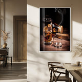 13274-MGV-FP-48X32-3P_White-Whiskey Glass Wall Art Canvas Print, Framed Smoking Cigar Art Picture Print, Amber Whiskey Perfect Masculine Rustic Decor Artwork