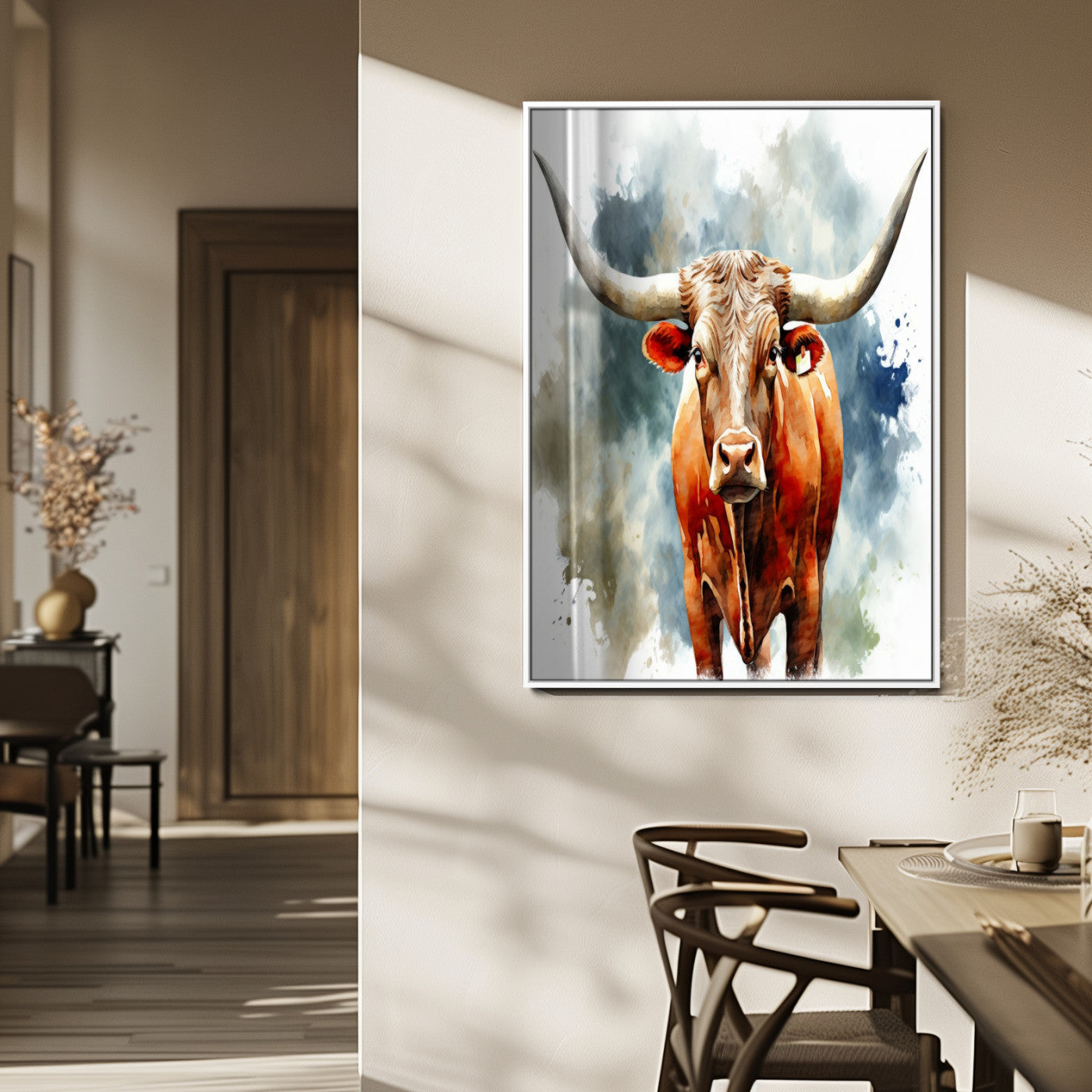 39803-MGV-FP-48X32-3P_White-Texas Longhorn Wall Art Canvas Print, Framed Rustic Cattle Art Picture Print, Western Bull Perfect Rustic Western Decor Artwork