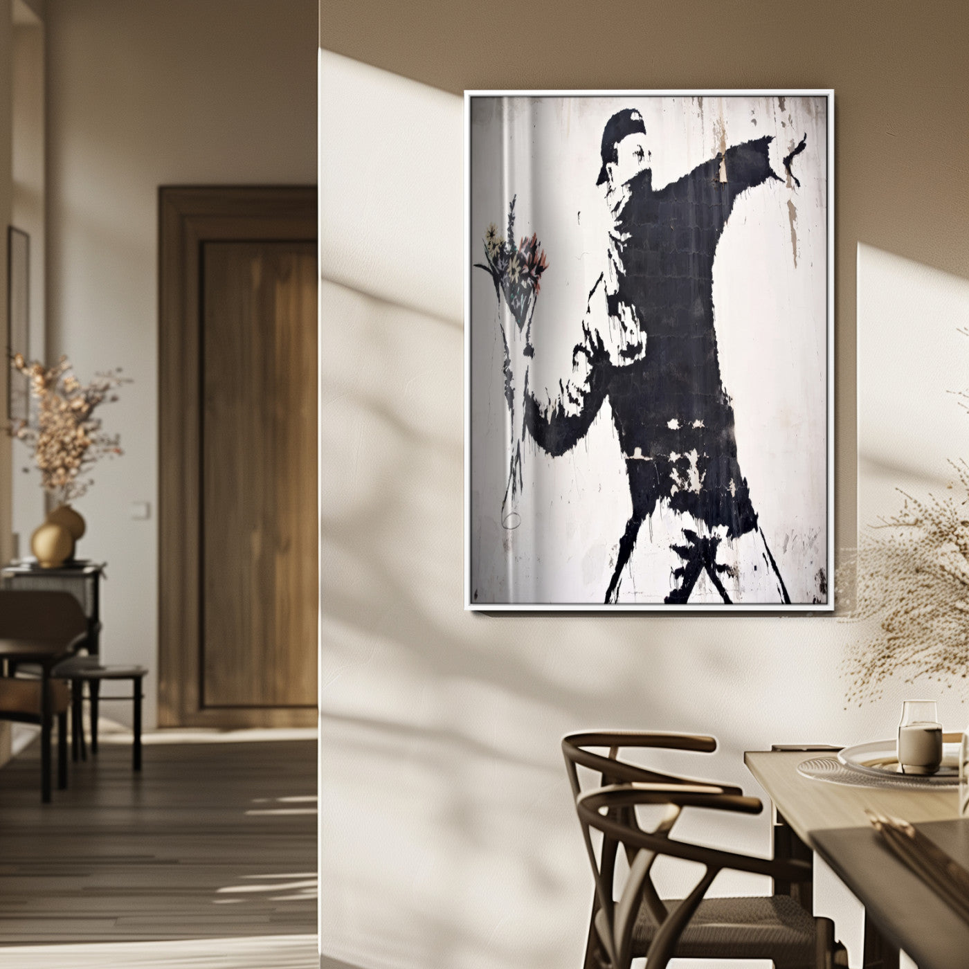 64032-MGV-FP-48X32-3P_White-Flower Thrower Wall Art Canvas Print, Framed Urban Protest Art Picture Print, Graffiti Style Perfect Urban Contemporary Decor