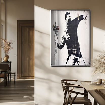 64032-MGV-FP-48X32-3P_White-Flower Thrower Wall Art Canvas Print, Framed Urban Protest Art Picture Print, Graffiti Style Perfect Urban Contemporary Decor