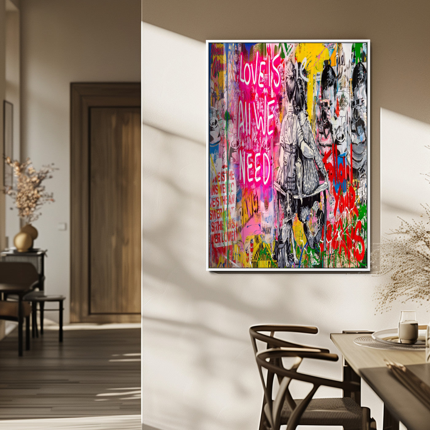 23129-MGV-FP-48X32-3P_White-Street Love Wall Art Canvas Print, Framed Pop Graffiti Art Picture Print, Neon Lettering Perfect Urban Pop Decor Artwork