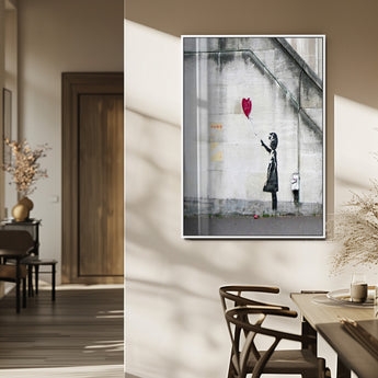 35033-MGV-FP-48X32-3P_White-Balloon Girl Wall Art Canvas Print, Framed Street Banksy Art Picture Print, Urban Contrast Perfect Minimal Urban Decor Artwork