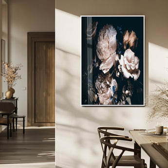 47195-MGV-FP-48X32-3P_White-Moody Peonies Wall Art Canvas Print, Framed Dark Floral Art Picture Print, Creamy Rose Perfect Baroque Floral Decor Artwork