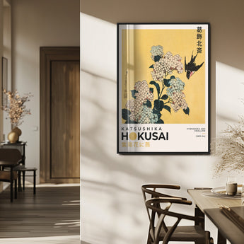 11004-MGV-FP-48X32-3P_Black-Hokusai Hydrangea Wall Art – Japanese Floral Canvas Print with Swallow Bird, Classic Ukiyo-e Nature Decor for Bedroom, Office or