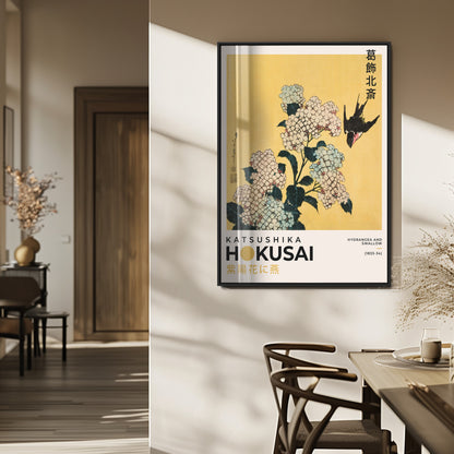 11004-MGV-FP-48X32-3P_Black-Hokusai Hydrangea Wall Art – Japanese Floral Canvas Print with Swallow Bird, Classic Ukiyo-e Nature Decor for Bedroom, Office or