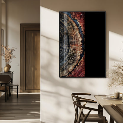 Test1-MGV-FP-48X32-3P_Black-Rustic Tree Ring Wall Art – Abstract Wood Grain Canvas Print, Natural Blue and Red Toned Artwork for Living Room, Bedroom, Office