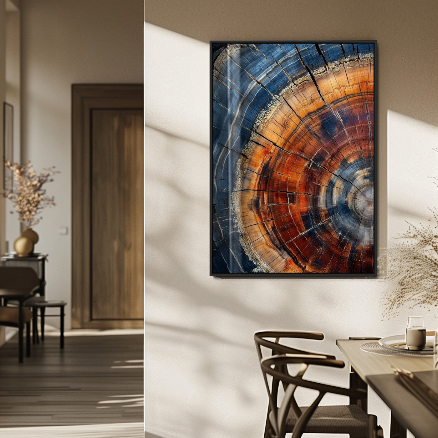 38379387-SEG-FC-90X60_Oversize_Oversize-Tree Rings Wall Art Canvas Print, Framed Wood Texture Art Picture Print, Blue Grain Perfect Earthy Modern Decor Artwork