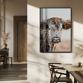 50803532-MGV-CV-24X36-Texas Longhorn Wall Art Canvas Print, Framed Speckled Cow Art Picture Print, Horned Bull Perfect Rustic Western Decor Artwork