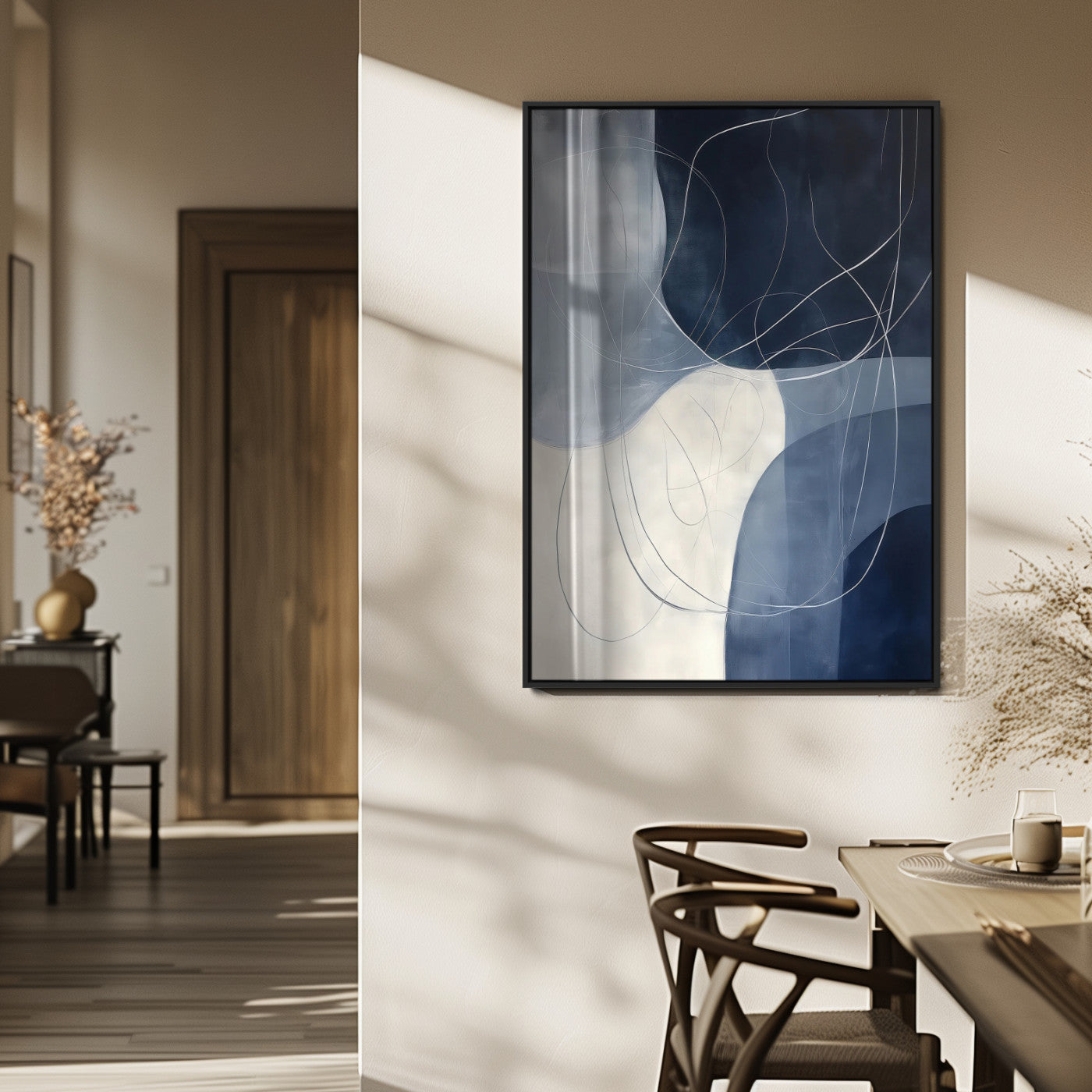 62566633-MGV-FP-48X32-3P_Black-Navy Abstract Wall Art Canvas Print, Framed Minimal Lineart Art Picture Print, Abstract Shapes Perfect Minimalist Abstract Decor