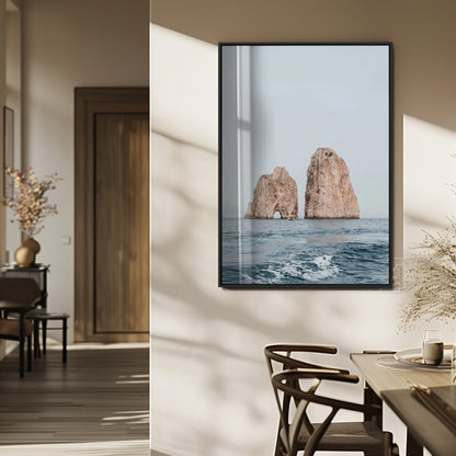 23148844-MGV-FP-48X32-3P_Black-Faraglioni Capri Wall Art Canvas Print, Framed Serene Ocean Art Picture Print, Mediterranean Coastal Perfect Mediterranean