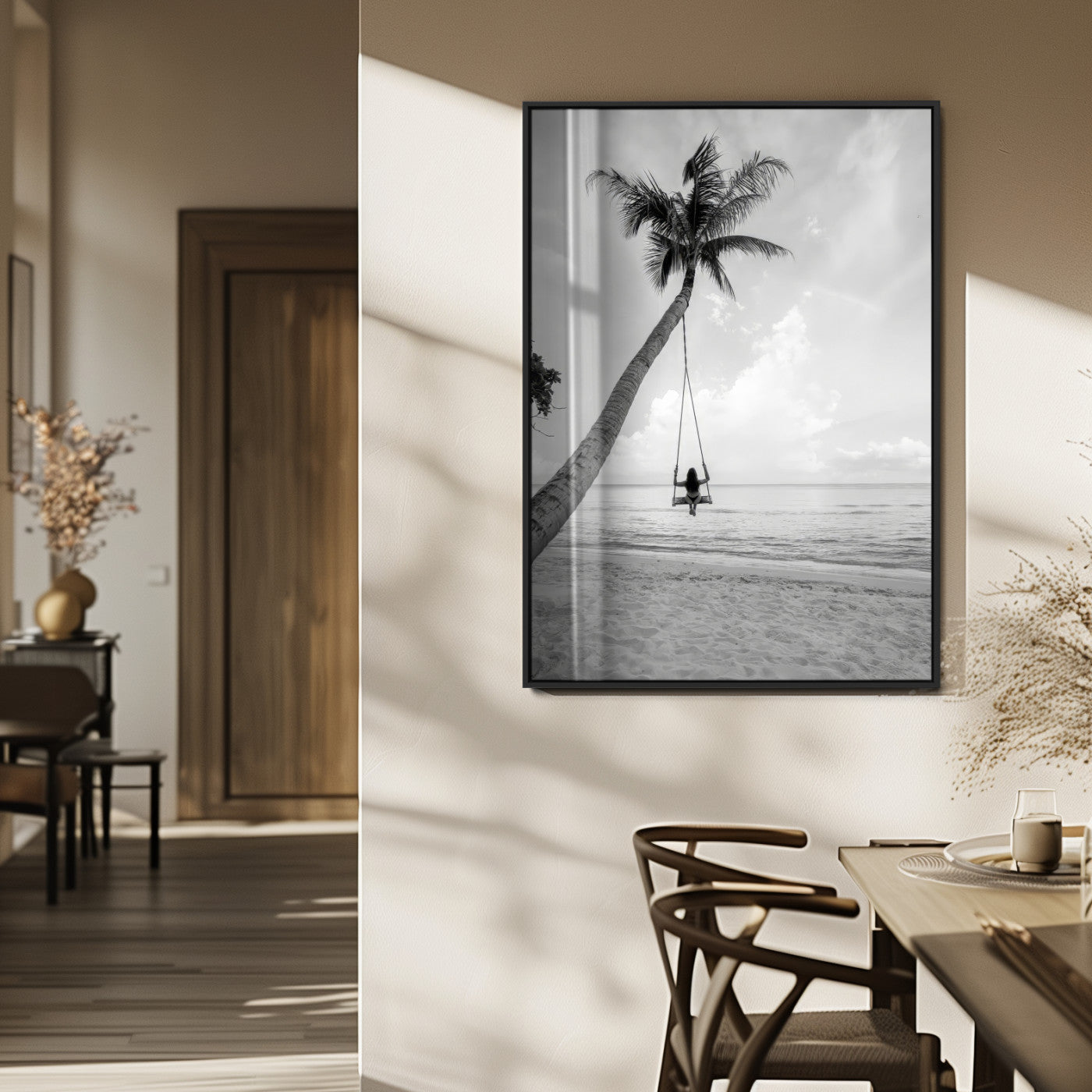 78460277-MGV-CV-24X36-Black White Palms Wall Art Canvas Print, Framed Beach Swing Art Picture Print, Monochrome Coastal Perfect Minimalist Coastal Decor