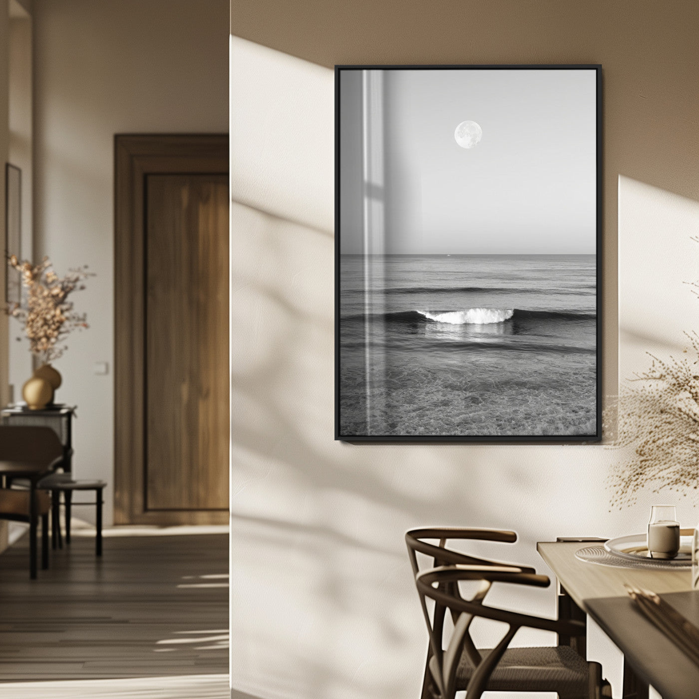96234442-MGV-FP-48X32-3P_Black-Black White Ocean Scene Wall Art Canvas Print, Framed Full Moon Over Sea Art Picture Print, Tranquil Coastal Canvas Perfect