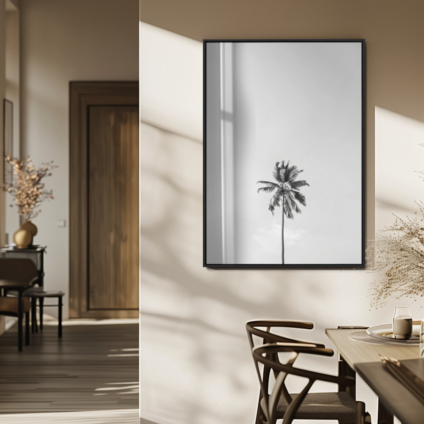 67263674-MGV-CV-24X36-Lone Palm Tree Wall Art Canvas Print, Framed Minimalist Tropical Art Picture Print, Monochrome Beach Perfect Modern Coastal