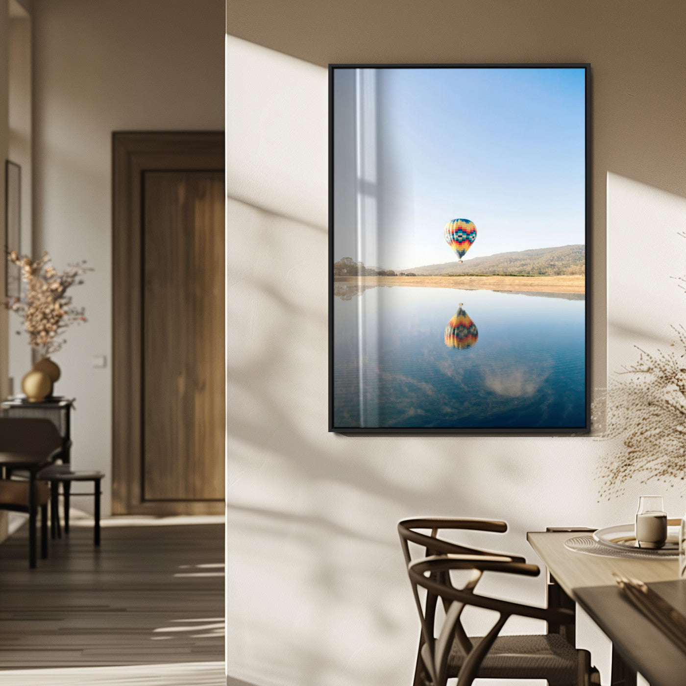 98091684-MGV-FP-48X32-3P_Black-Hot Air Balloon Wall Art Canvas Print, Framed Flight Reflection Art Picture Print, Peaceful Lakeside Perfect Modern Minimalist