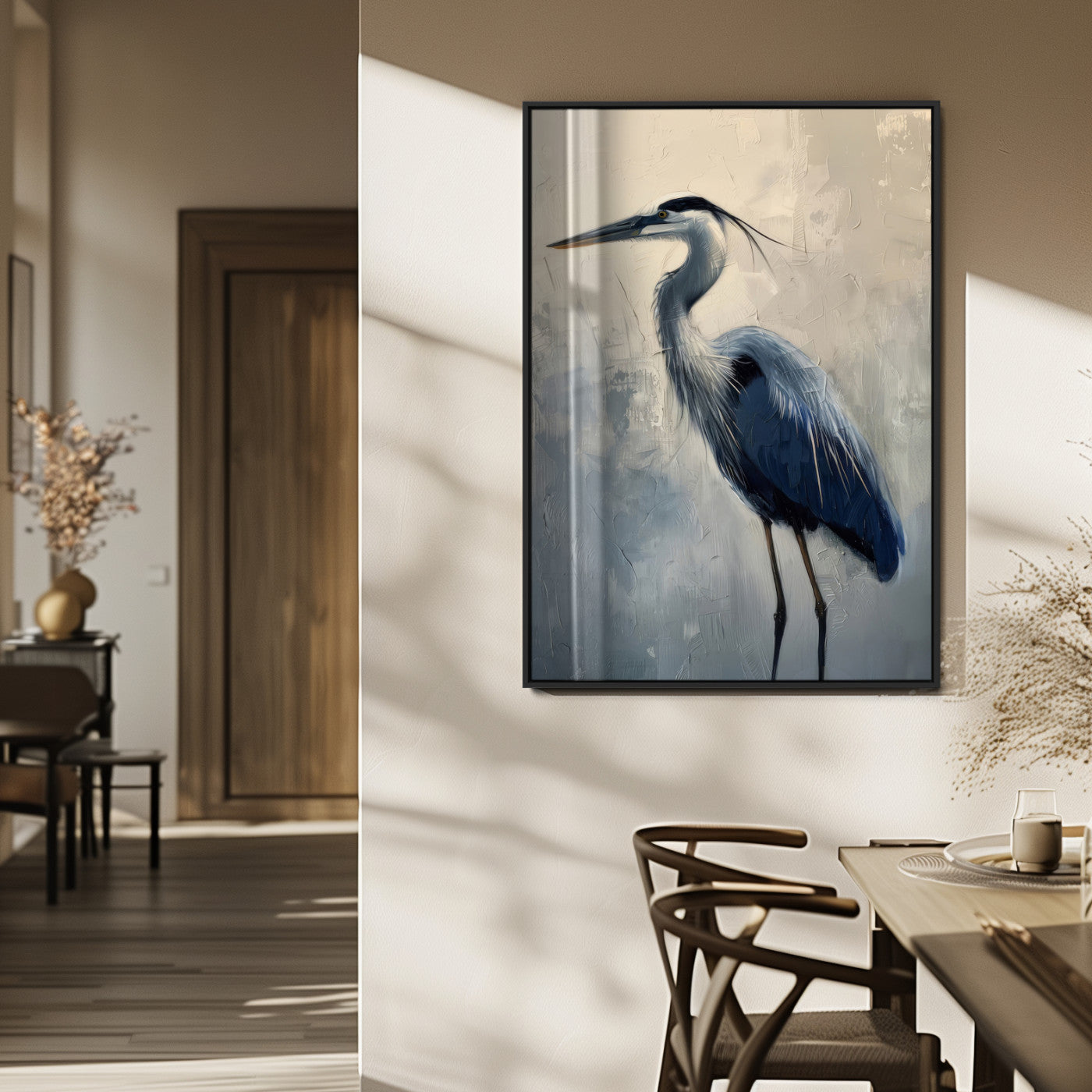 68368019-MGV-CV-24X36-Blue Heron Art Wall Art Canvas Print, Framed Crane Bird Painting Art Picture Print, Elegant Wildlife Scene Perfect Coastal