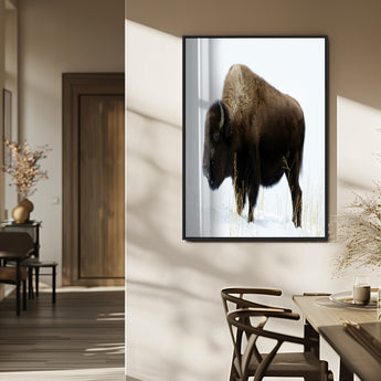 76778120-MGV-FP-48X32-3P_Black-Bison Photography Wall Art Canvas Print, Framed Western Wildlife Art Picture Print, Buffalo On Snow Perfect Western Rustic Decor
