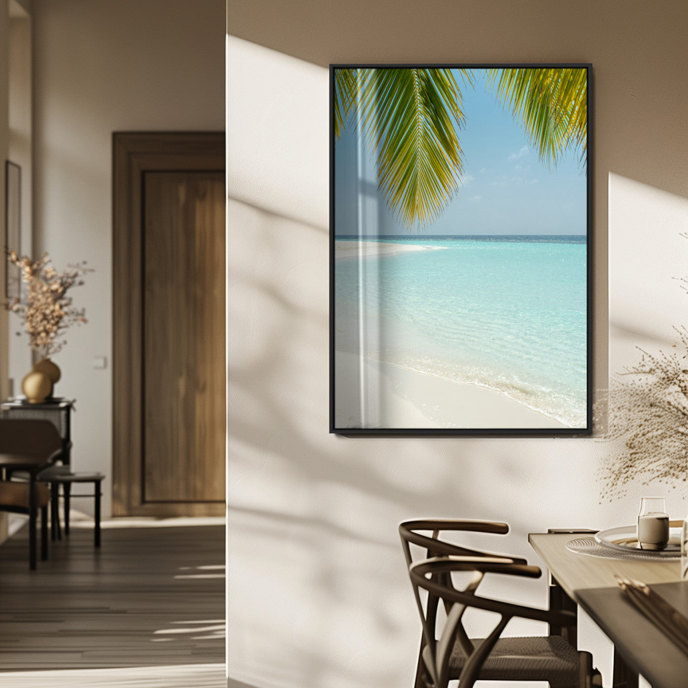 90359351-MGV-FP-48X32-3P_Black-Azure Water Wall Art Canvas Print, Framed Tranquil Island Escape Art Picture Print, Clear Blue Ocean Perfect Coastal Minimalist