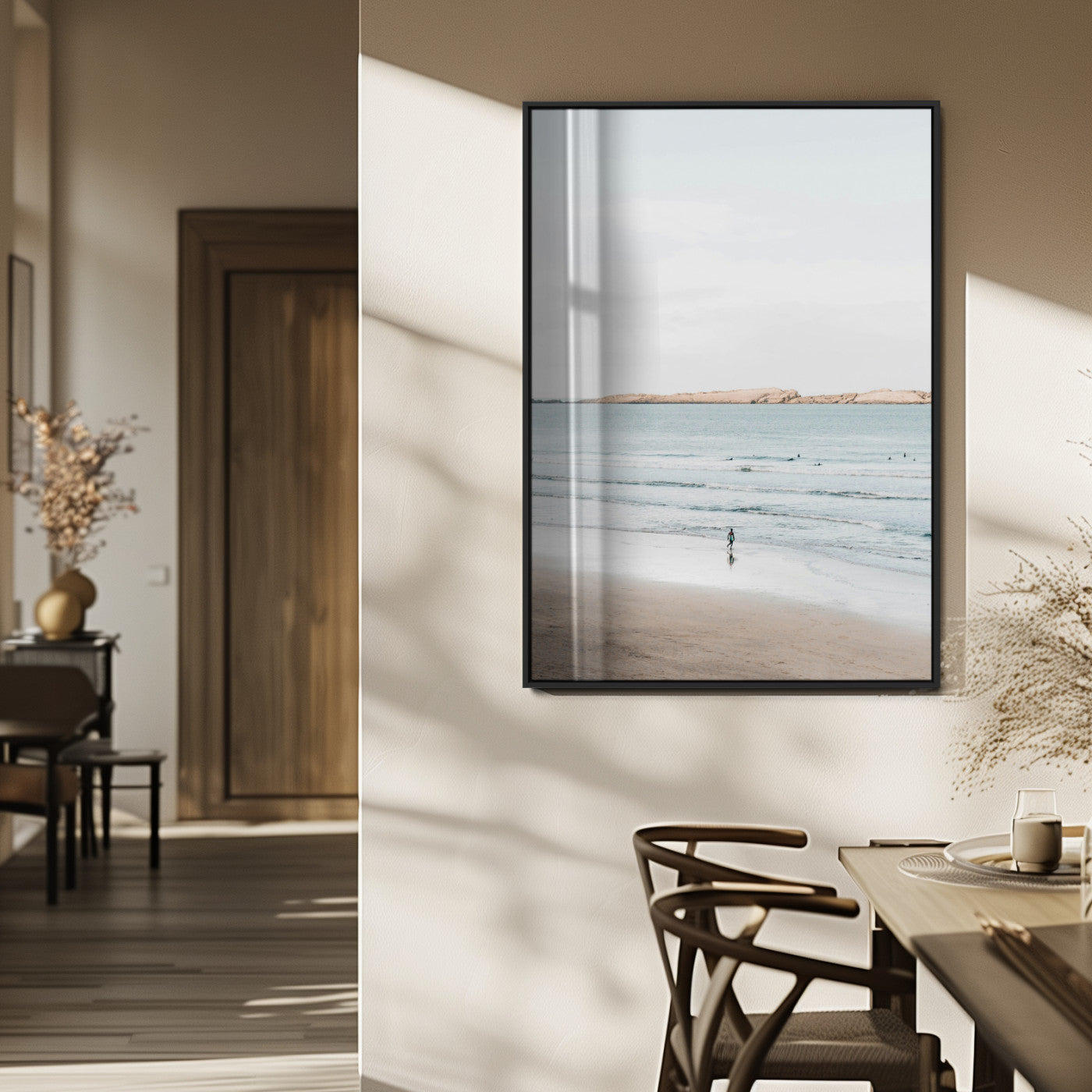 66350373-MGV-FP-48X32-3P_Black-Minimalist Beach Wall Art Canvas Print, Framed Soft Blue Tones Art Picture Print, Tranquil Ocean Perfect Coastal Minimalist Decor