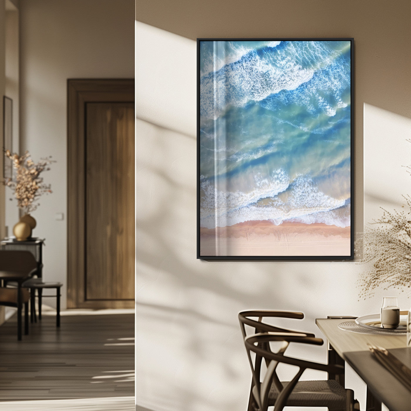 78764781-MGV-FP-48X32-3P_Black-Ocean Wall Art – Aerial Waves and Sandy Shore Canvas Print, Coastal Photography Decor for Bedroom, Living Room, Office, Beach