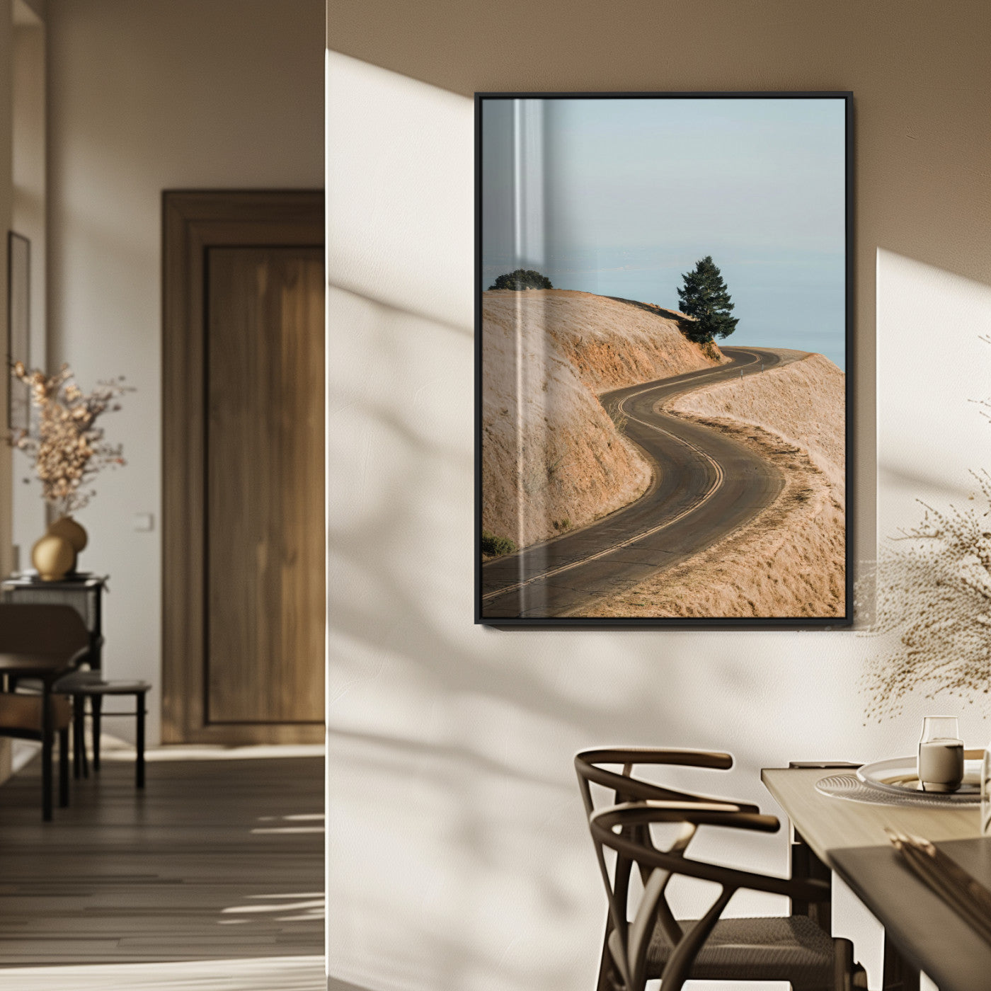 44236608-MGV-FP-48X32-3P_Black-Landscape Wall Art – Winding Road Through Golden Hills Canvas Print, Scenic Nature Photography Decor for Bedroom, Living Room,