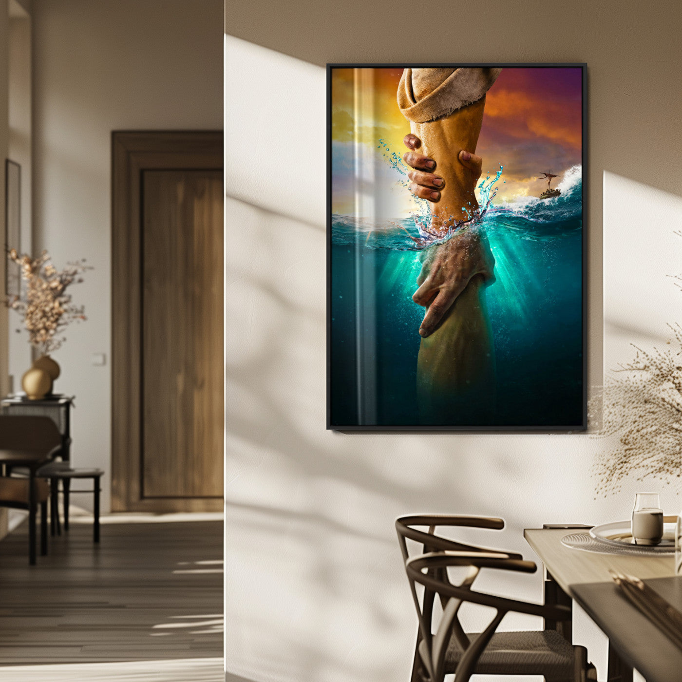 68298058-MGV-FP-48X32-3P_Black-Inspirational Wall Art – Helping Hands Canvas Print, Powerful Ocean and Light Photography Decor for Bedroom, Living Room, Office