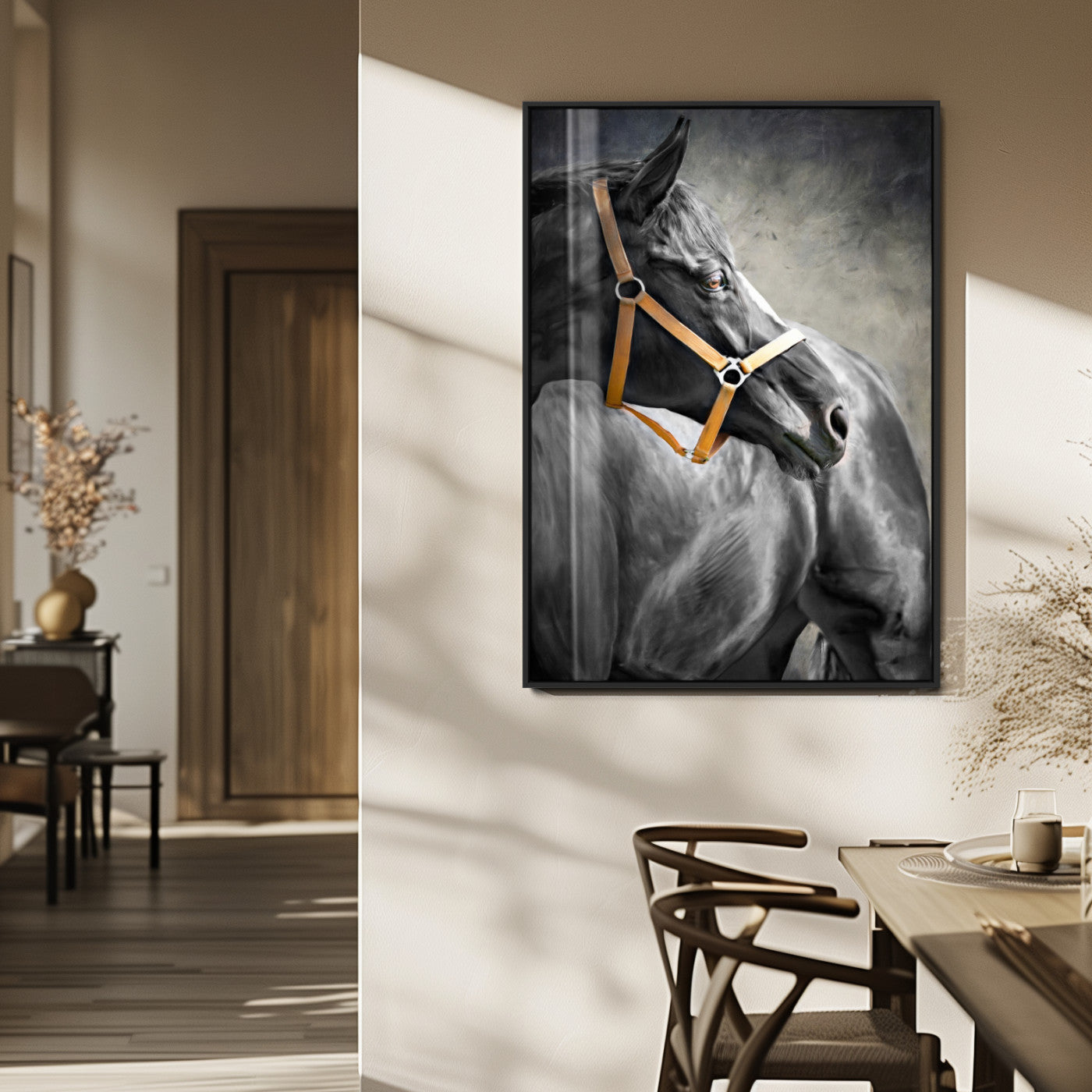 40324916-MGV-FP-48X32-3P_Black-Horse Wall Art – Equestrian Canvas Print, Elegant Black Stallion Portrait with Golden Halter, Rustic Western Photography Decor for