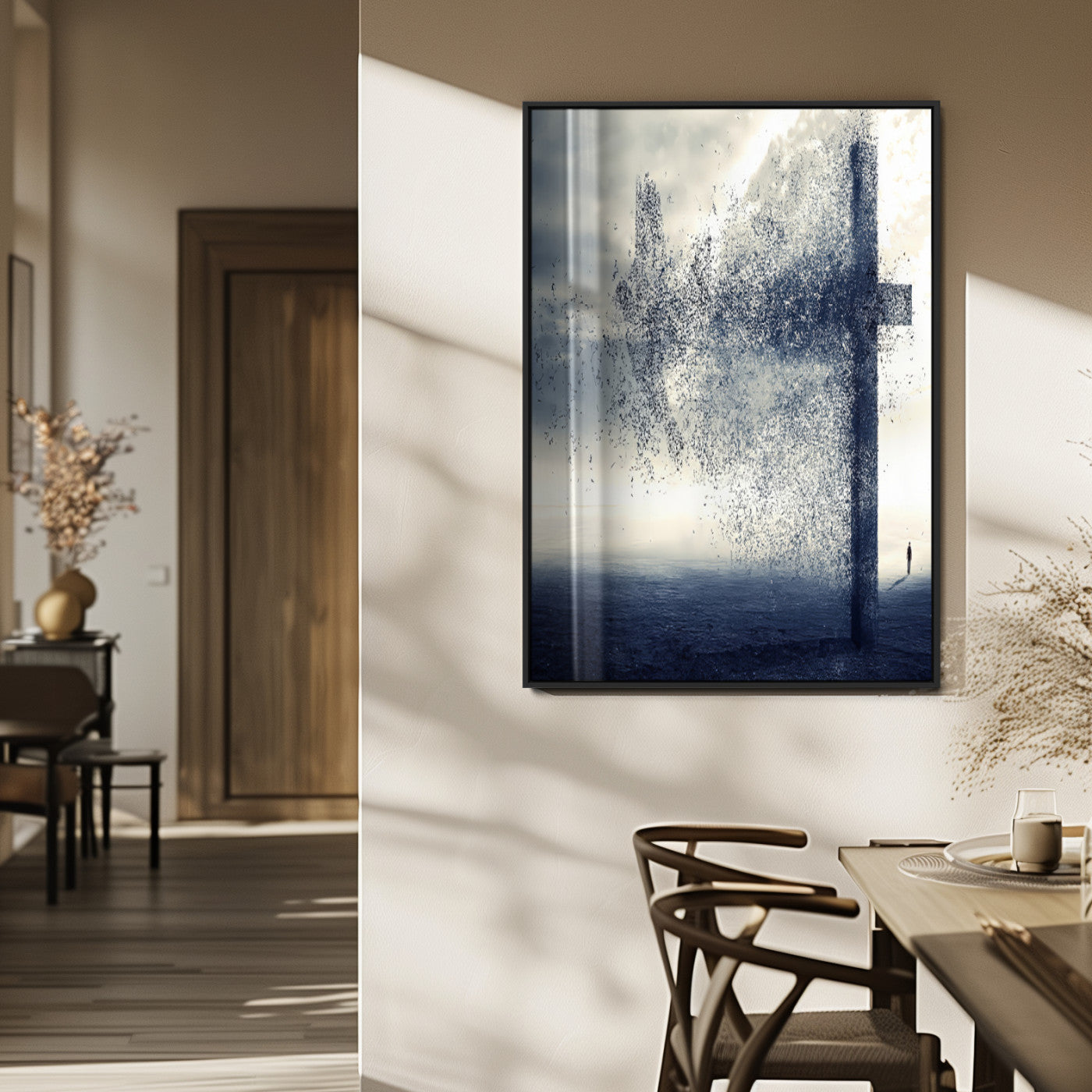 98984-MGV-FP-48X32-3P_Black-Disintegrating Cross Wall Art Canvas Print, Framed Abstract Symbol Art Picture Print, Conceptual Horizon Perfect Spiritual