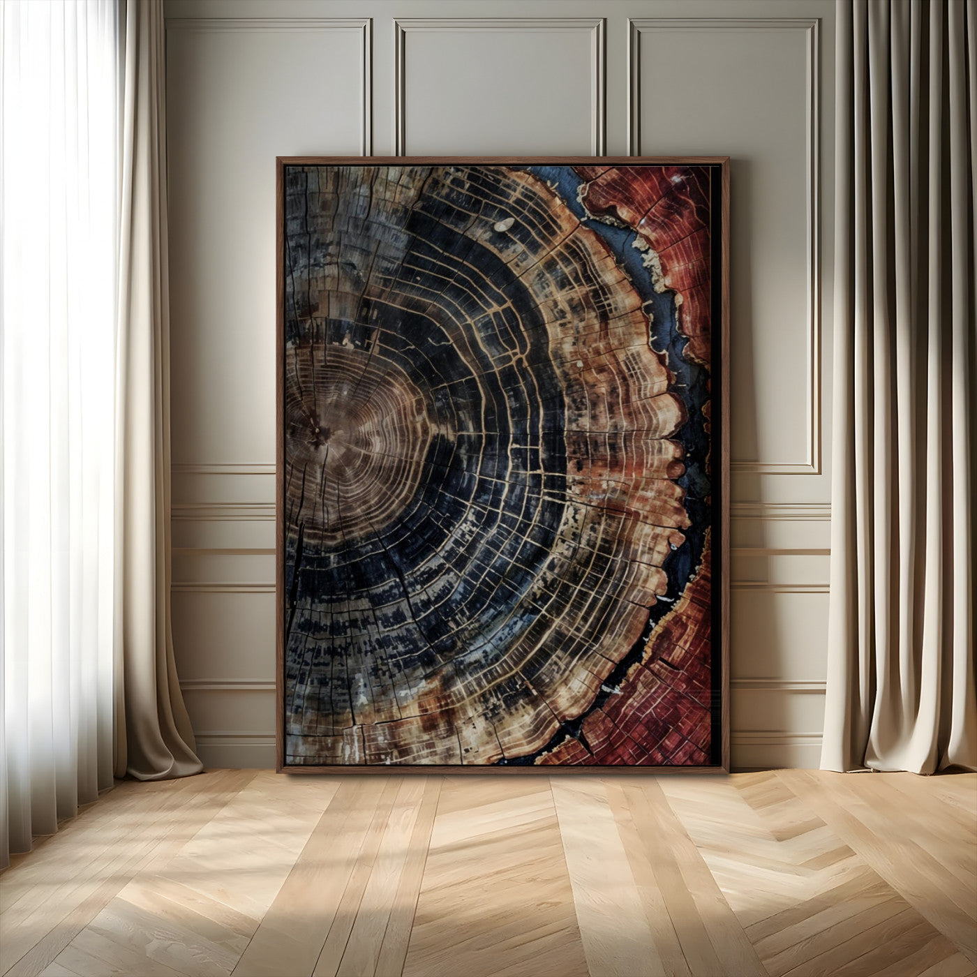 Test1-MGV-CV-24X36-Rustic Tree Ring Wall Art – Abstract Wood Grain Canvas Print, Natural Blue and Red Toned Artwork for Living Room, Bedroom, Office