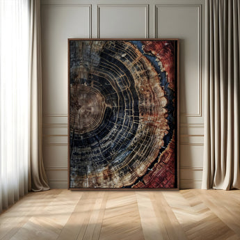 Test1-MGV-CV-24X36-Rustic Tree Ring Wall Art – Abstract Wood Grain Canvas Print, Natural Blue and Red Toned Artwork for Living Room, Bedroom, Office
