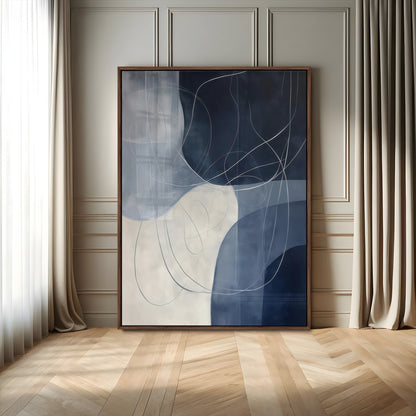 62566633-MGV-FP-48X32-3P-Navy Abstract Wall Art Canvas Print, Framed Minimal Lineart Art Picture Print, Abstract Shapes Perfect Minimalist Abstract Decor