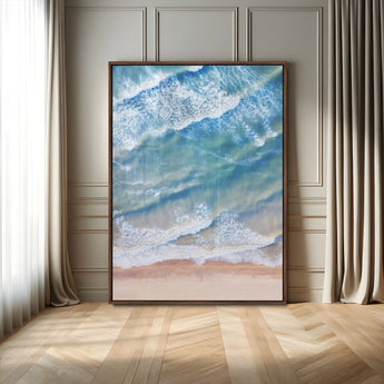 81208260-MGV-FP-48X32-3P-Aerial Ocean Wall Art Canvas Print, Framed Blue Waves Art Picture Print, Sandy Shoreline Perfect Modern Coastal Decor Artwork