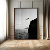 99497106-MGV-CV-24X36-Cliff Jumping Wall Art Canvas Print, Framed Black White Ocean Art Picture Print, Monochrome Cliff Perfect Minimalist Adventure