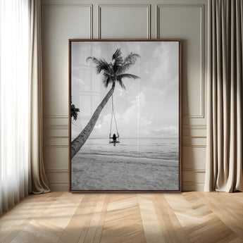 78460277-MGV-FP-48X32-3P-Black White Palms Wall Art Canvas Print, Framed Beach Swing Art Picture Print, Monochrome Coastal Perfect Minimalist Coastal Decor