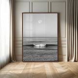 96234442-MGV-FP-48X32-3P-Black White Ocean Scene Wall Art Canvas Print, Framed Full Moon Over Sea Art Picture Print, Tranquil Coastal Canvas Perfect