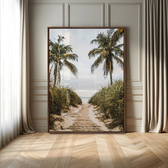 47319550-MGV-FP-48X32-3P-Tropical Beach Wall Art Canvas Print, Framed Rustic Sand Art Picture Print, Palm Tree Perfect Tropical Coastal Decor Artwork