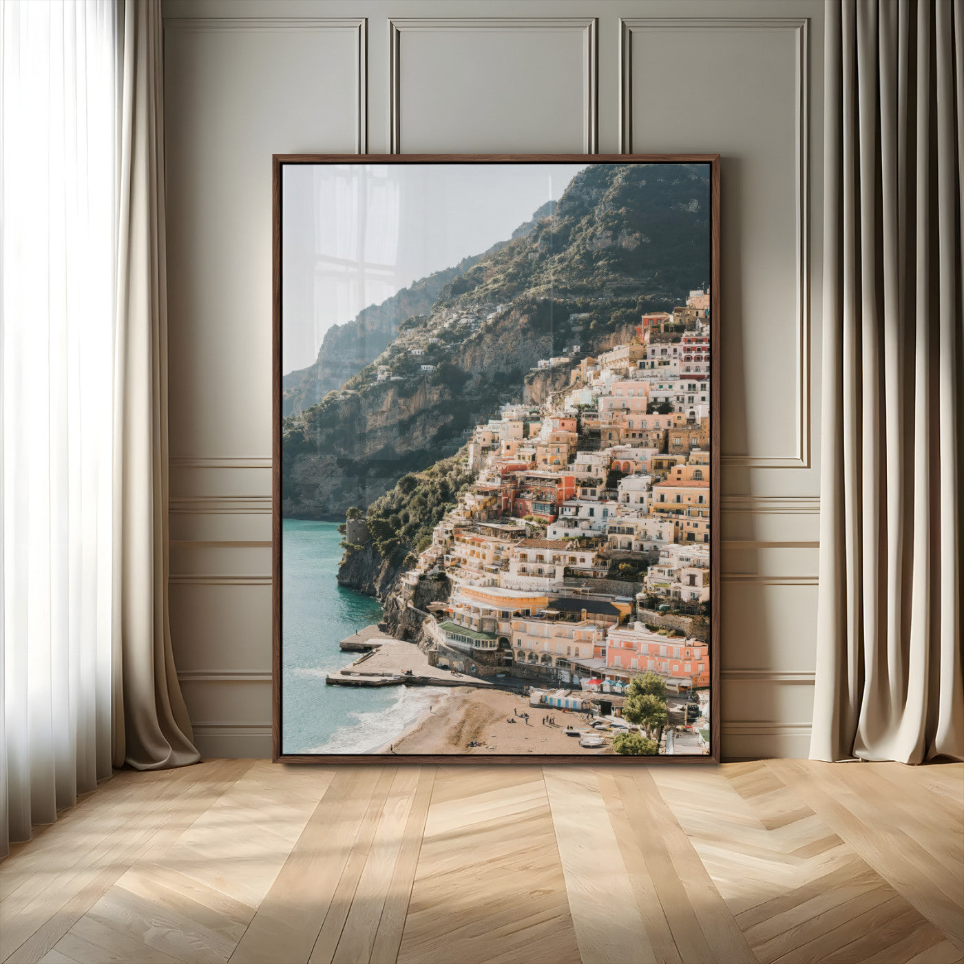 28897019-MGV-FP-48X32-3P-Positano Coastline Wall Art Canvas Print, Framed Amalfi Architecture Art Picture Print, Italian Riviera Perfect Mediterranean