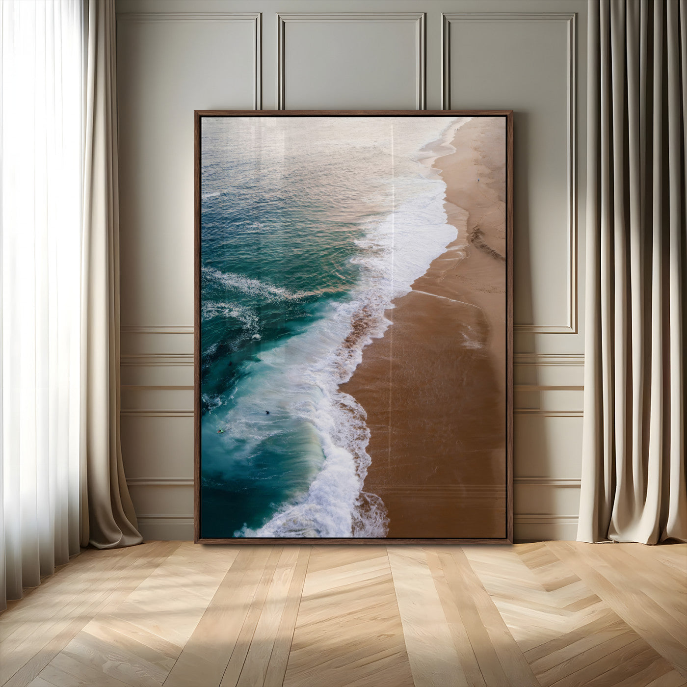 46042804-MGV-CV-24X36-Aerial Beach Wall Art Canvas Print, Framed Coastal Waves Art Picture Print, Turquoise Ocean Perfect Modern Coastal Decor Artwork