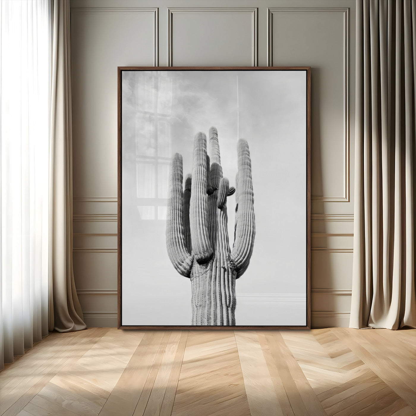 17148959-MGV-CV-24X36-Saguaro Cactus Wall Art Canvas Print, Framed Monochrome Desert Art Picture Print, Black White Cactus Perfect Southwestern