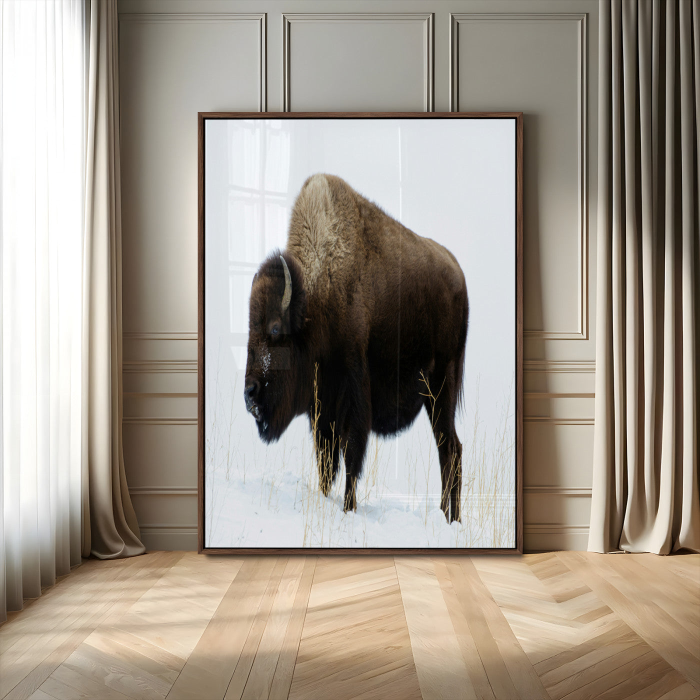 76778120-MGV-CV-24X36-Bison Photography Wall Art Canvas Print, Framed Western Wildlife Art Picture Print, Buffalo On Snow Perfect Western Rustic Decor