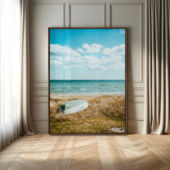 21725303-MGV-CV-24X36-Coastal Serenity Wall Art Canvas Print, Framed Ocean View Art Picture Print, Rustic Boat Perfect Nautical Coastal Decor Artwork